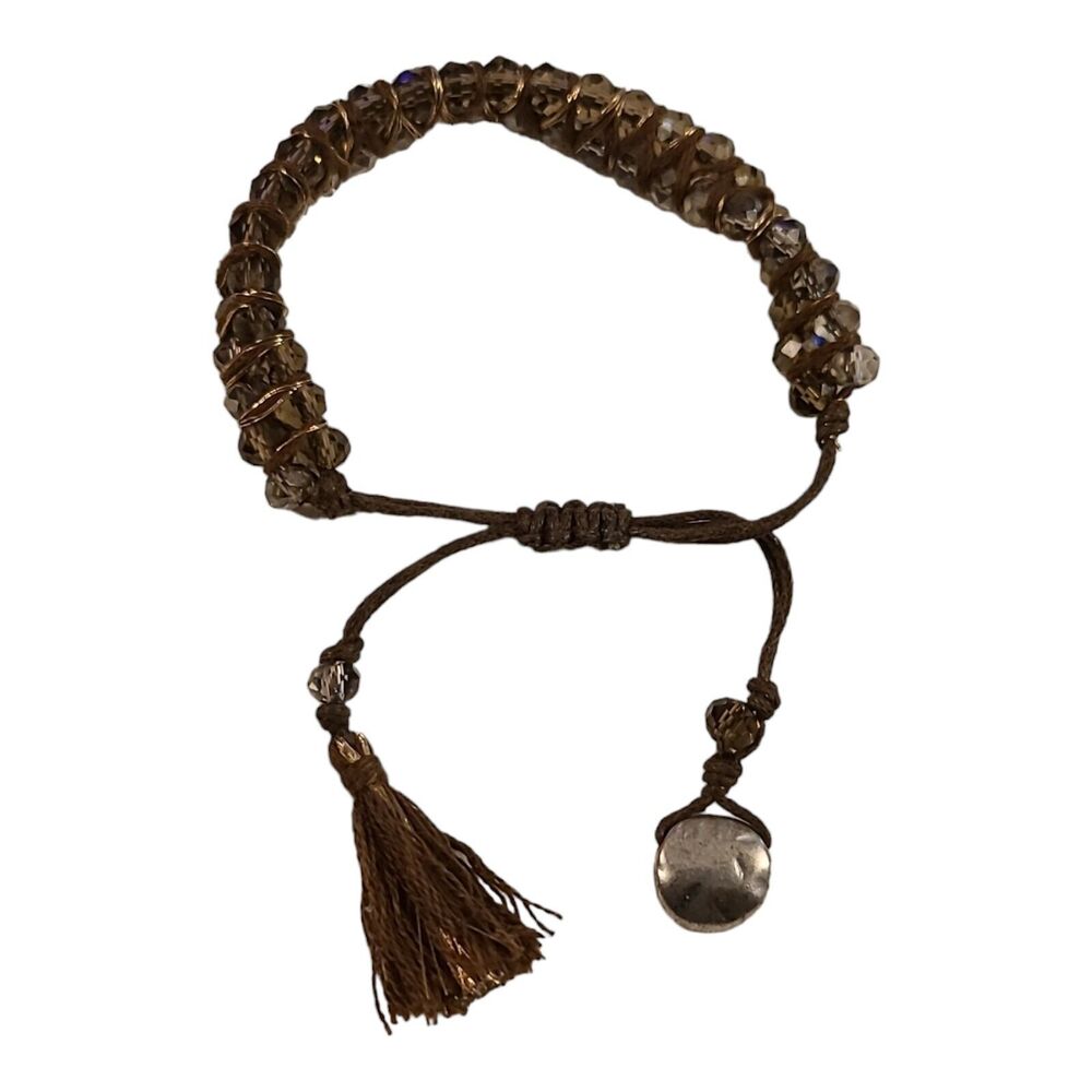 Brown & Gold Tone Crystal Glass Beaded Macrame Slide Bracelet Tassel Silver Disc